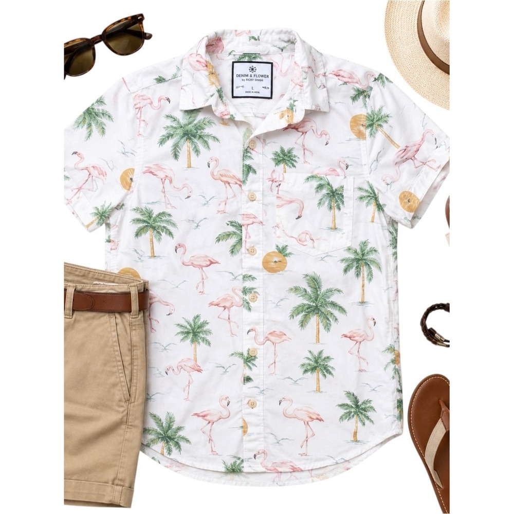 Denim & Flower by Ricky Singh Flamingo Palm Print Shirt Men's Large Slim Fit EUC